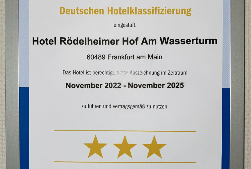 Drei-Sterne DEHOGA Klassifizierung für das Hotel Rödelheimer Hof